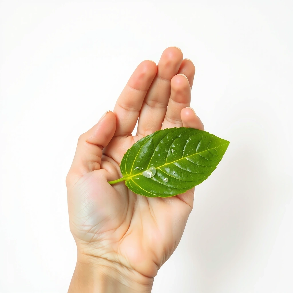 A hand holding a vibrant green leaf, symbolizing natural ingredients and purity.