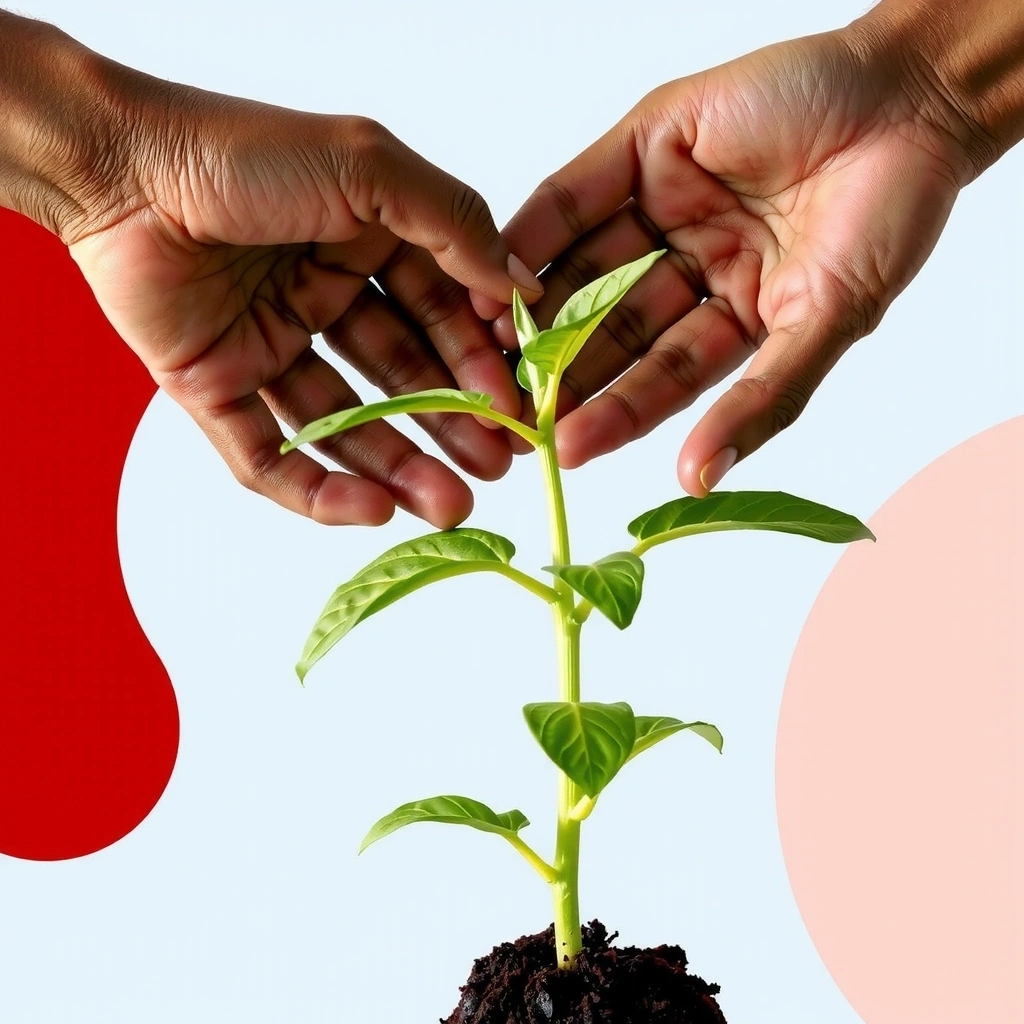 Two hands shaking over a plant, symbolizing ethical sourcing and fair trade.