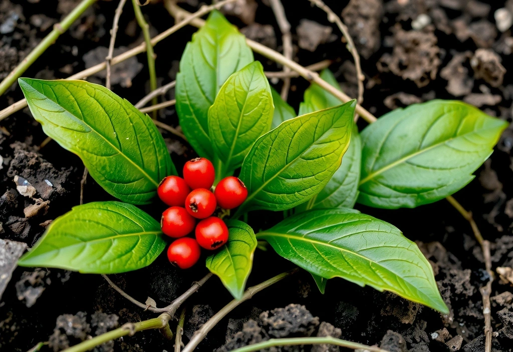 Panax Ginseng plant with red berries